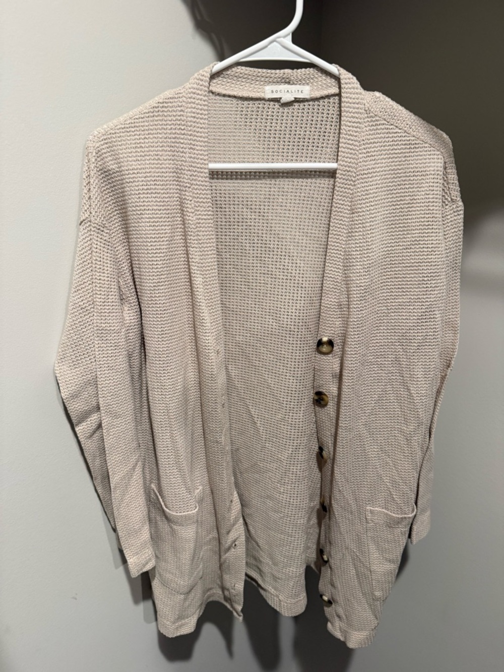Socialite Neutral Beige Open-Knit Button-Front Cardigan